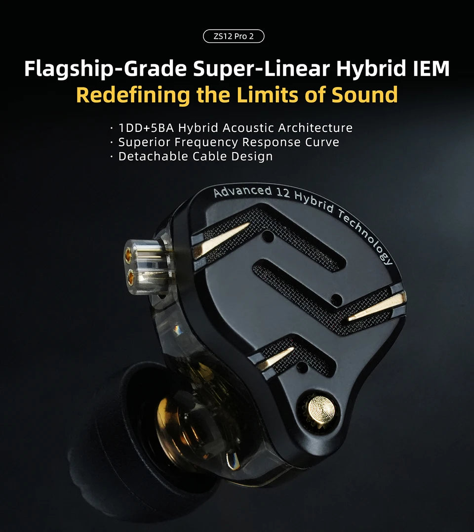 Auriculares IEM Híbridos KZ ZS12 PRO 2 – Auriculares Gaming HiFi com Fio, Graves Potentes e Drivers Superlineares