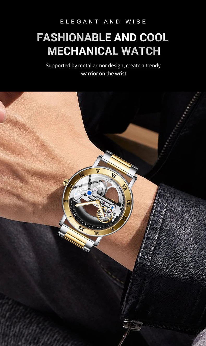 AKDPN Men's Watches Automatic Mechanical Stainless Steel Men's Wrist Watch Skeleton Automatic Watches for Man Watch Montre Homme