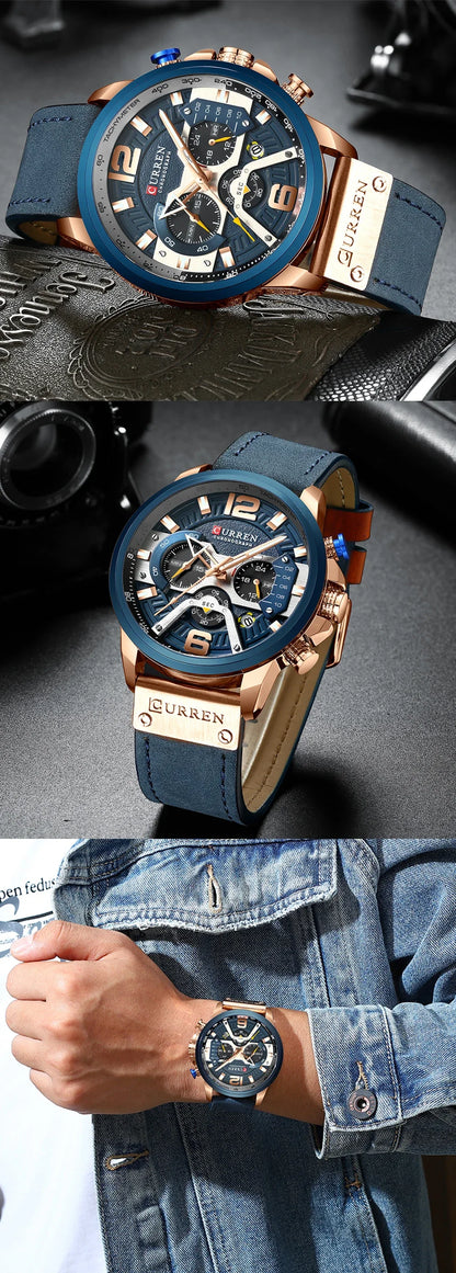 Ceas pentru bărbați CURREN 8329 – Stil sportiv casual, design militar, curea din piele, cronograf la modă, ceas de lux de la o marcă renumită