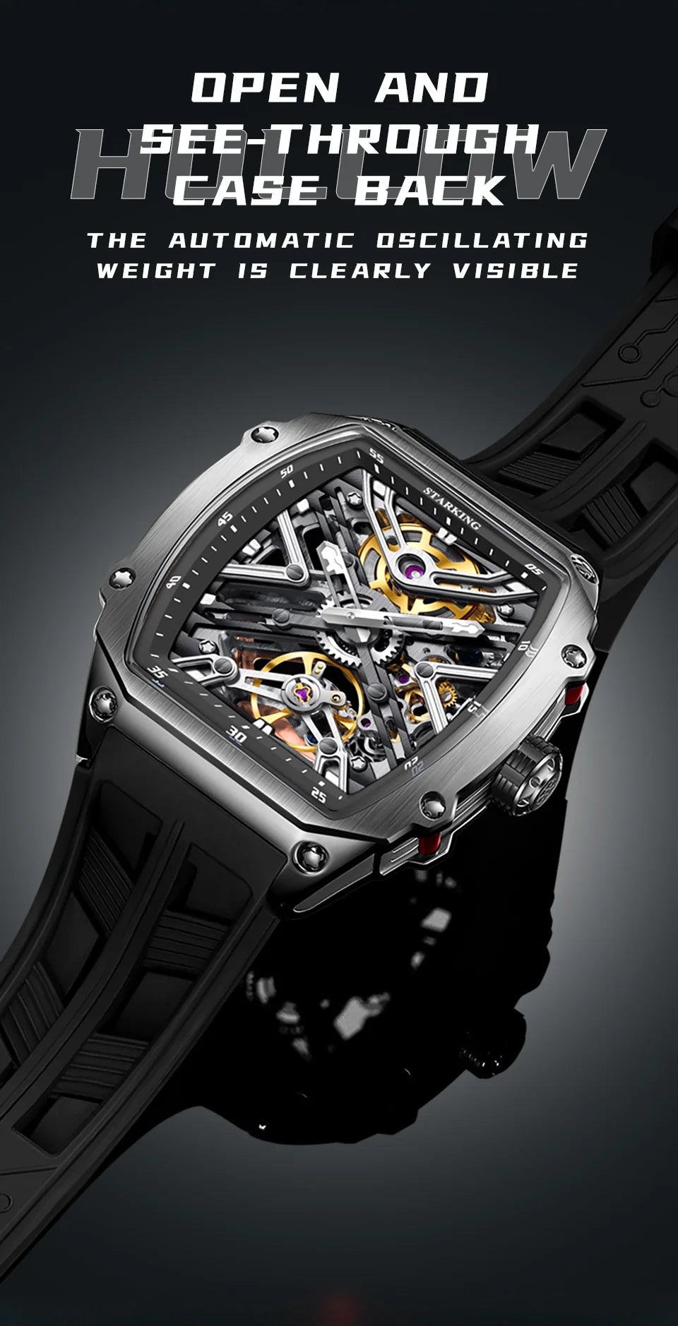 STARKING Men's Waterproof Sports Mechanical Watch, Wear-resistant Silicone Strap, Automatic, Luminous Tonneau Luxury Design