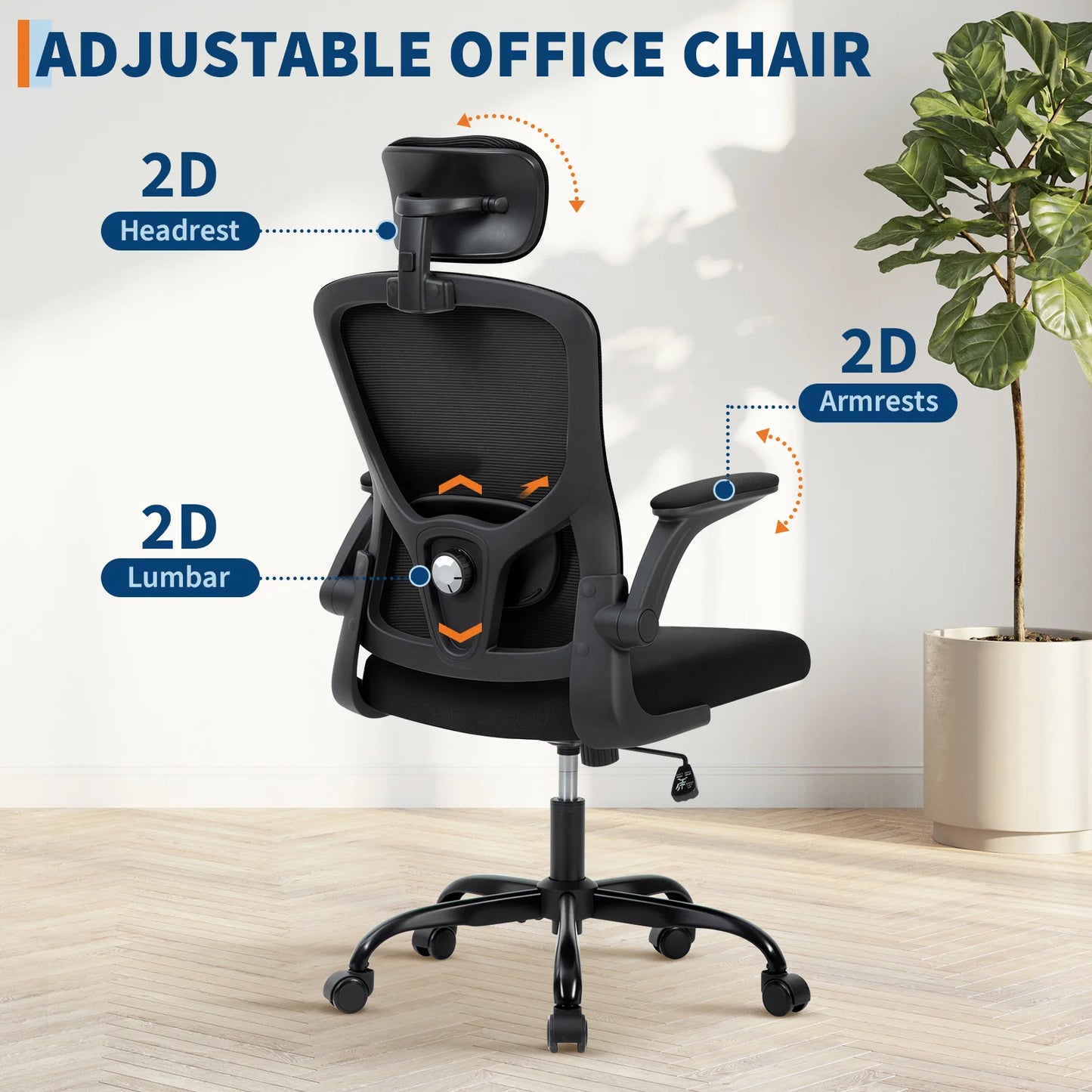 Ergonomic High Back Mesh Office Chair Adjustable 2D Headrest Lumbar Support Rotatable Arms Reclining Swivel Desk Chair for Home