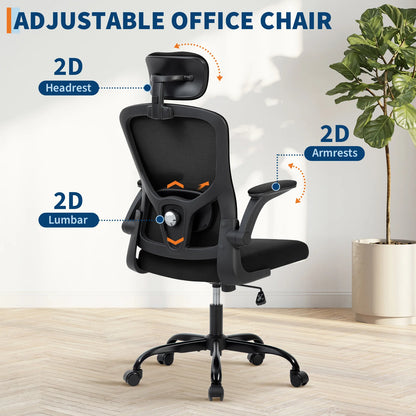 Ergonomic High Back Mesh Office Chair Adjustable 2D Headrest Lumbar Support Rotatable Arms Reclining Swivel Desk Chair for Home