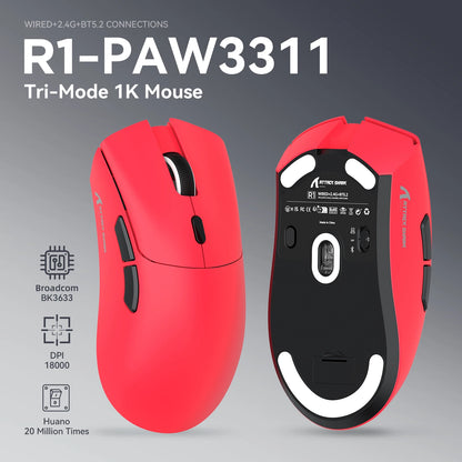 Rato Gaming Tri-Mode ATTACK SHARK R1, Sensor PixArt PAW3311, 18000 DPI, 1000hz, ultraleve de 59g para mãos grandes, para PC/Mac
