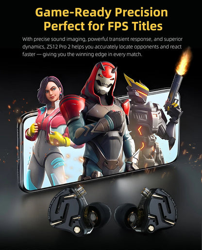 Auriculares IEM Híbridos KZ ZS12 PRO 2 – Auriculares Gaming HiFi com Fio, Graves Potentes e Drivers Superlineares