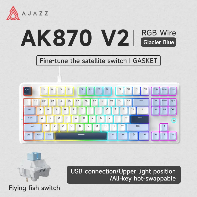 Ajazz AK870 V2 Gaming Mechanical Keyboard Is A Hot-Swaddable RGB Wired Gaming Keyboard Suitable For Various Scenarios On Laptops