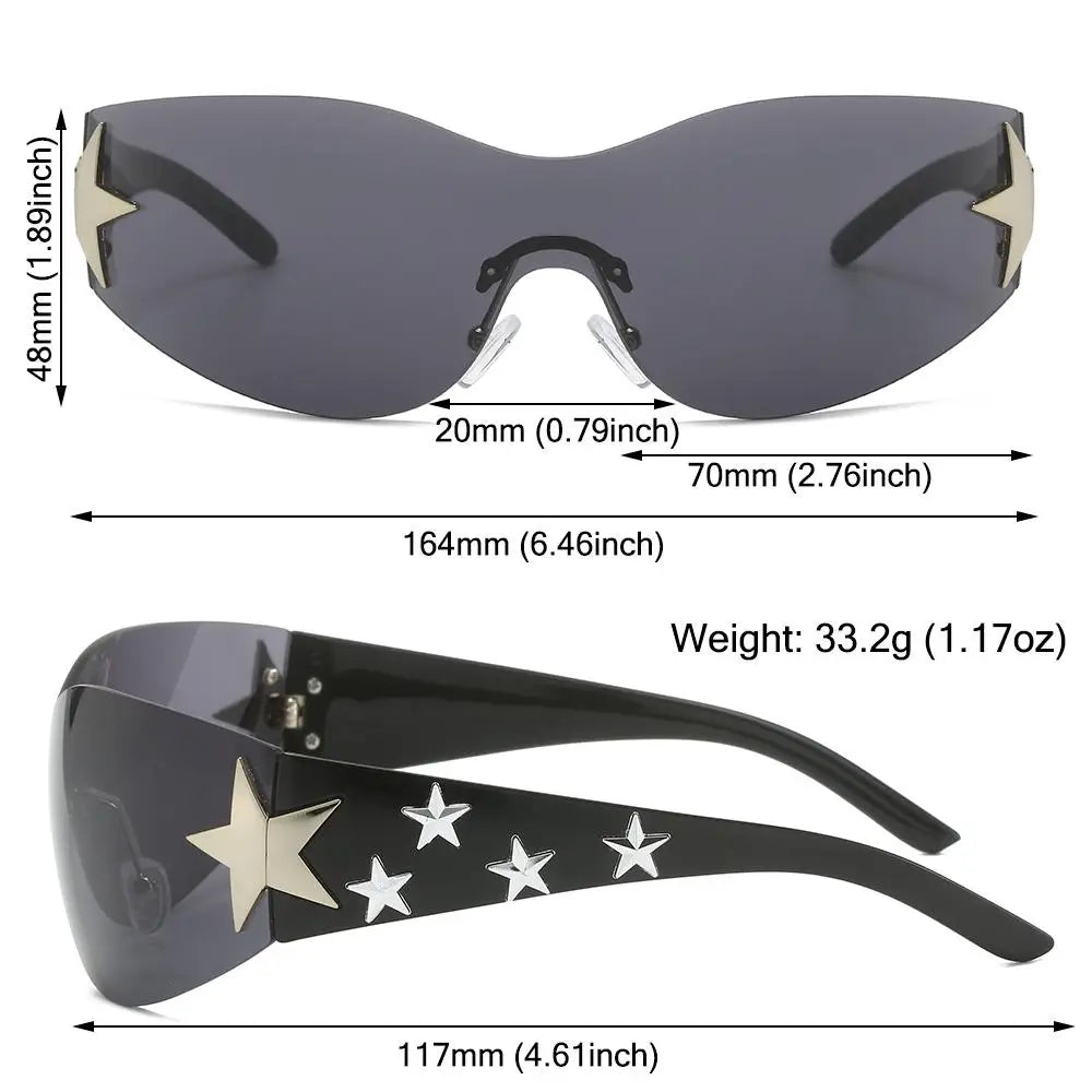 Rimless Y2K Sunglasses Women Men Punk Goggle Trendy Shield Sun Glasses UV400 3D Five Star Rhinestones Eyewear 2024