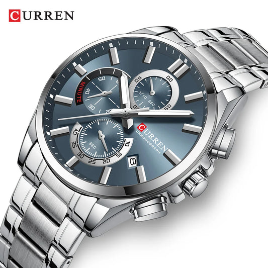 CURREN Men's Stainless Steel Chronograph Watches with Luminous Hands,Triple Sub-Dials Auto Date Fashion Design Quartz Wristwatch