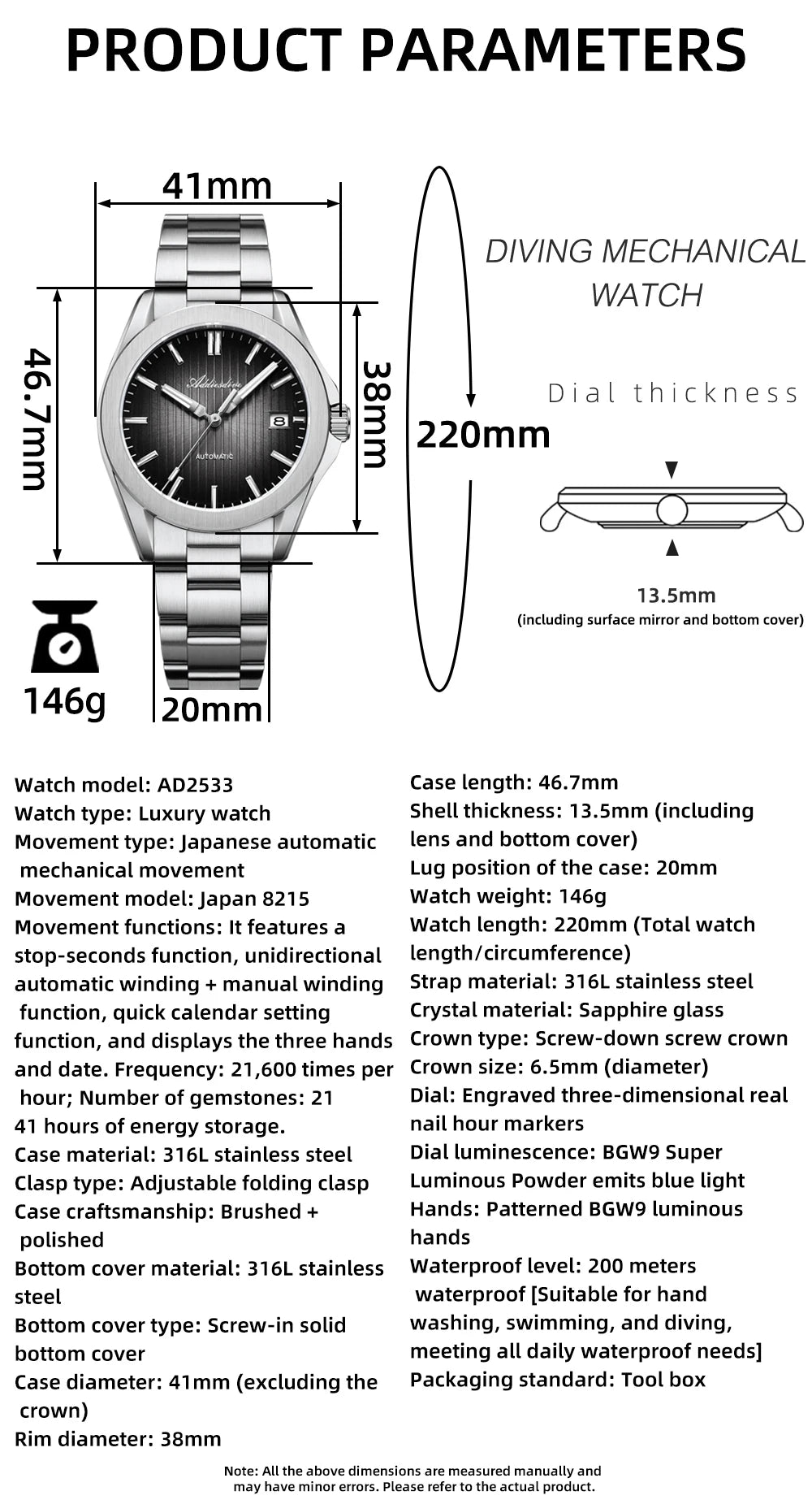 ADDIESDIVE Luxury Men's Automatic Watch Sapphire Glass Japan 8215 Mechanical Watch BGW9 Super Luminous Men Analog Watches AD2533