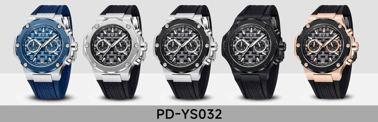 PAGANI DESIGN Men's Watches Luxury Rose Gold Sport Chronograph Japan VK64 Quartz Watch For Men Fluororubber Strap Wristwatch Men