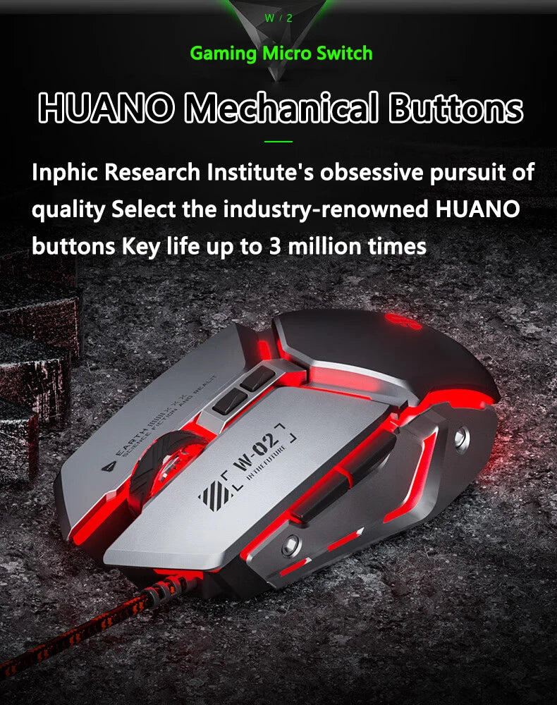 Mouse de gaming cu fir USB Inphic W2 a 2-a generație, clic silențios, stil metalic, 6 taste, programare macro, 8800DPI