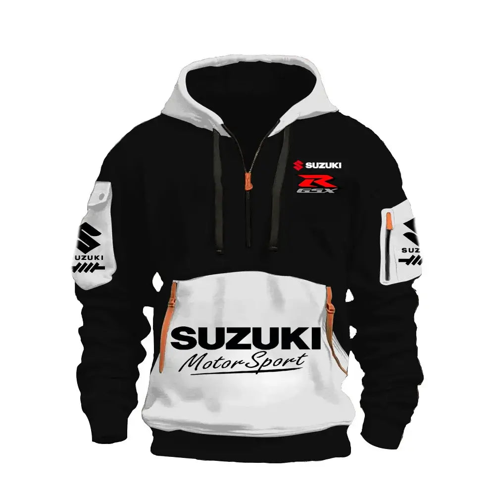 2025 Suzuki Logo Hoodie Motorcycle Racing Cycling Sweatshirt Racing Clothing Sweatshirt Half Zipper Multi-pocket Zipper Hoodie, produit gaming premium Fraquane