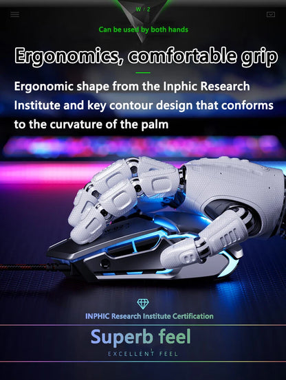 Mouse de gaming cu fir USB Inphic W2 a 2-a generație, clic silențios, stil metalic, 6 taste, programare macro, 8800DPI