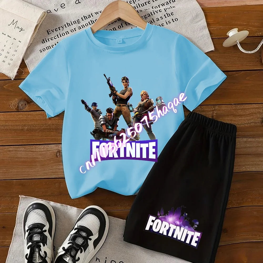 2026 New Fortnite Kids Pure Cotton Short-Sleeved Set with Cartoon Print Boys' Sport Shirt Casual Top Summer T-Shirt 2 Pieces