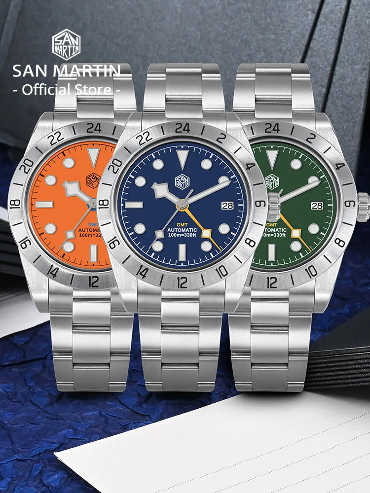 Relógio mecânico automático San Martin New 39mm NH34 BB GMT, relógio desportivo, safira, luminoso, impermeável 100m, para homem, Relogio SN0054