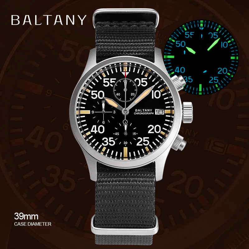 Baltany Quartz Chronograph S5045 Sunburst Blue Dial VK67 100M Stainless Steel Calendar Window Sapphire Vintage Military Watches