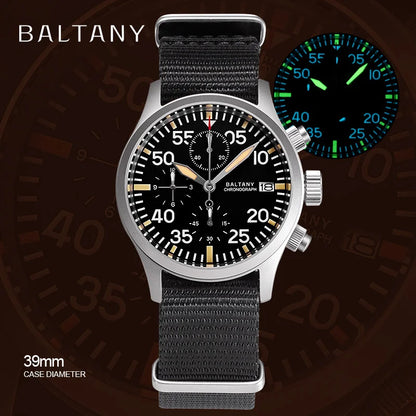 Baltany Quartz Chronograph S5045 Sunburst Blue Dial VK67 100M Stainless Steel Calendar Window Sapphire Vintage Military Watches
