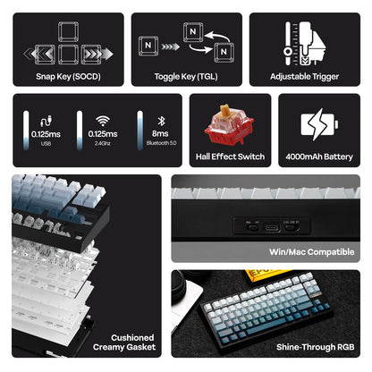 Teclado mecânico magnético EPOMAKER G84 HE 75% ANSI US Layout Gasket com fio/BT/2.4Ghz sem fios, efeito Hall, polling 8K e 8000mAh