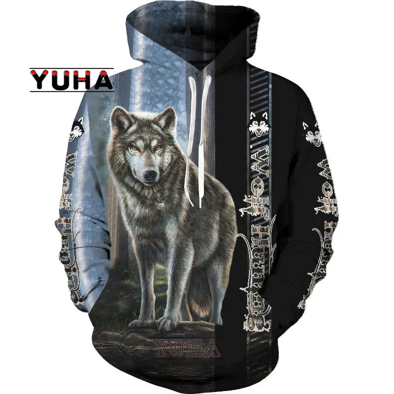 Sweatshirt com Capuz Unissexo Wolf com Impressão 3D, Pullover Cool com Gráfico Animal, Streetwear Masculino