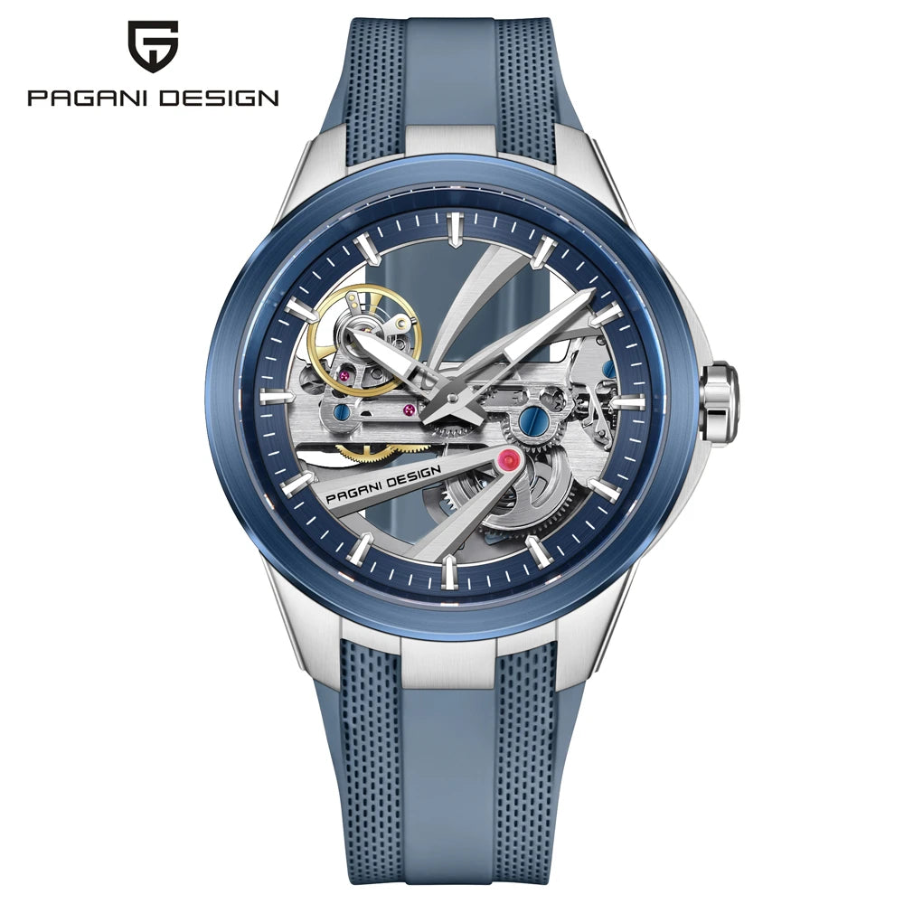 Ceas pentru bărbați PAGANI DESIGN – Model mecanic automat de lux, de tip „schelet” (cu mecanism expus), dotat cu un tourbillon, sticlă de safir cu tratament antireflex, rezistent la apă și luminescent.