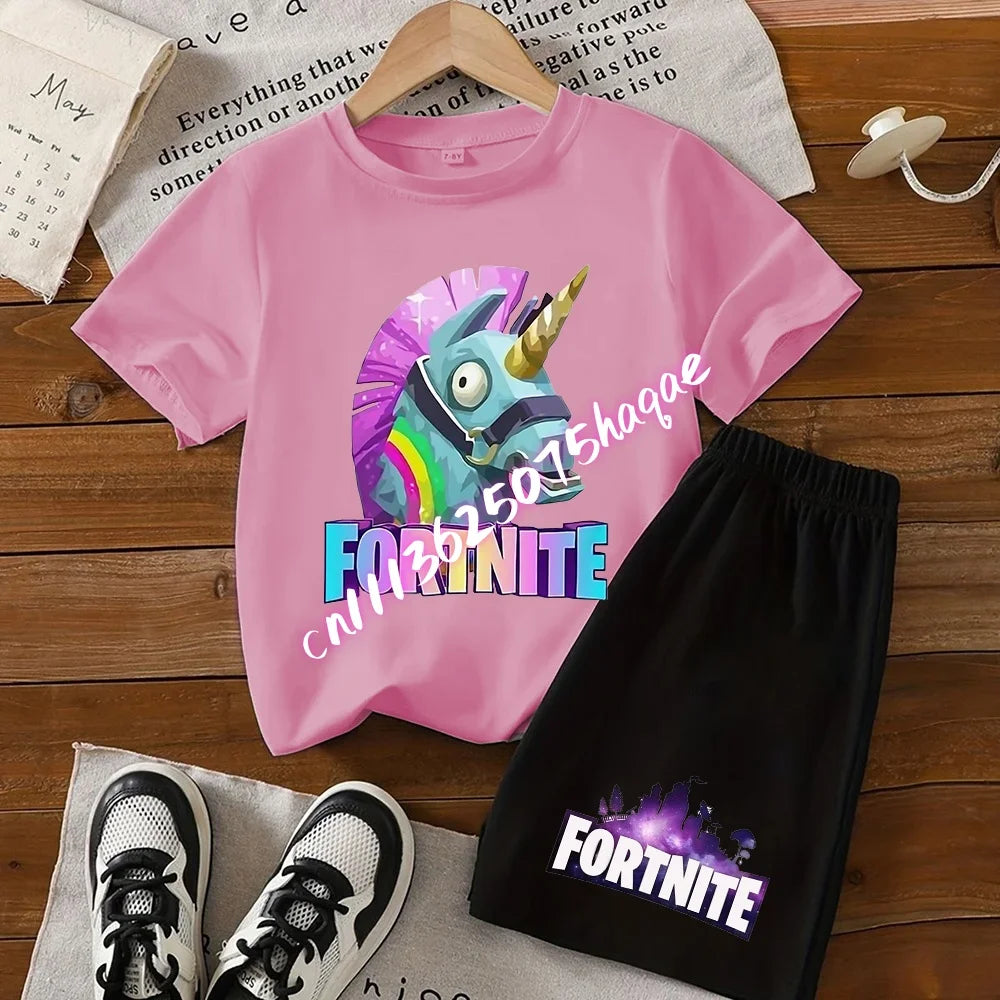 2026 New Fortnite Kids Pure Cotton Short-Sleeved Set with Cartoon Print Boys' Sport Shirt Casual Top Summer T-Shirt 2 Pieces
