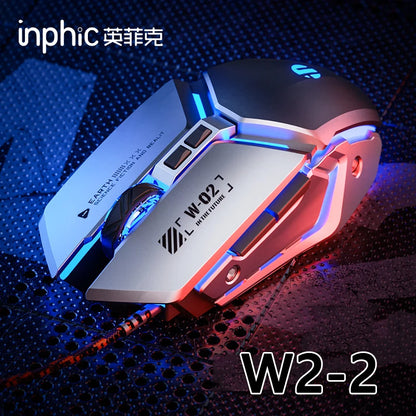 Mouse de gaming cu fir USB Inphic W2 a 2-a generație, clic silențios, stil metalic, 6 taste, programare macro, 8800DPI