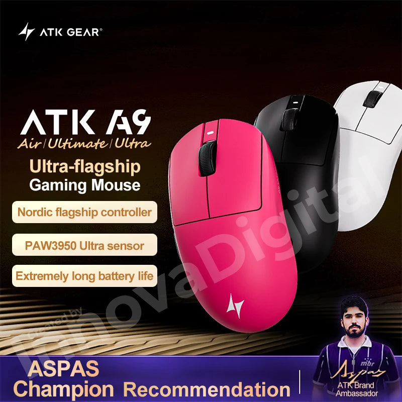 ATK Dragonfly A9 Ultimate Wireless Gaming Mouse, PAW3950 Ultra Sensor, 8KHz Polling Rate, Ultra Lightweight Ergonomic Gaming Mouse for FPS & Esports