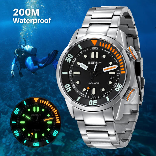 BERNY Automatic Dive Watch for Men Super Luminous 20ATM Diver Wristwatch Original Top Sapphire Swim Sport Mechanical Male Watch