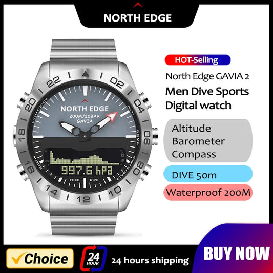 Relógio de mergulho NORTH EDGE para homem, militar, de luxo, totalmente em aço, smartwatch com bússola, altímetro, barómetro, relógio digital, impermeável até 200m