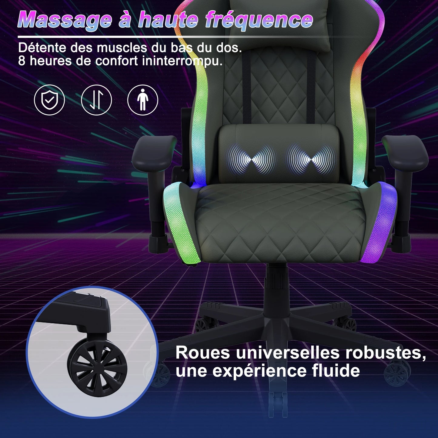 Gaming Chair, Ergonomic Gaming Chair with LED, Adjustable Computer Chair for Teenagers, Lumbar Cushion, Gamer Chair, Black