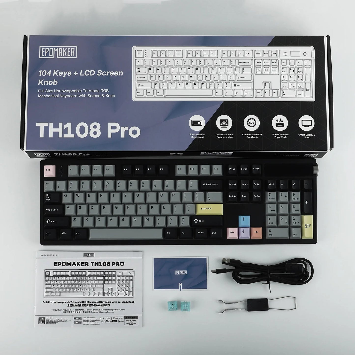 EPOMAKER TH108 PRO 100% Full-Sized Gasket-Mounted Wired/BT/2.4Ghz Wireless Mechanical Keyboard with Screen & Knob RGB Backlight