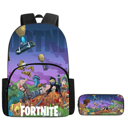 Fortnite Cartoon Backpack with Front Pocket & Pencil Case 2PCS - School Set for Boys Girls Age 5-8, Back to School Gift