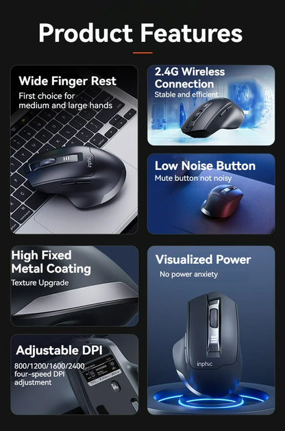 Ratón inalámbrico Inphic M9 con receptor USB 2.4G, recargable Type-C, botón silencioso, visualización de energía, ergonómico para oficina, universal
