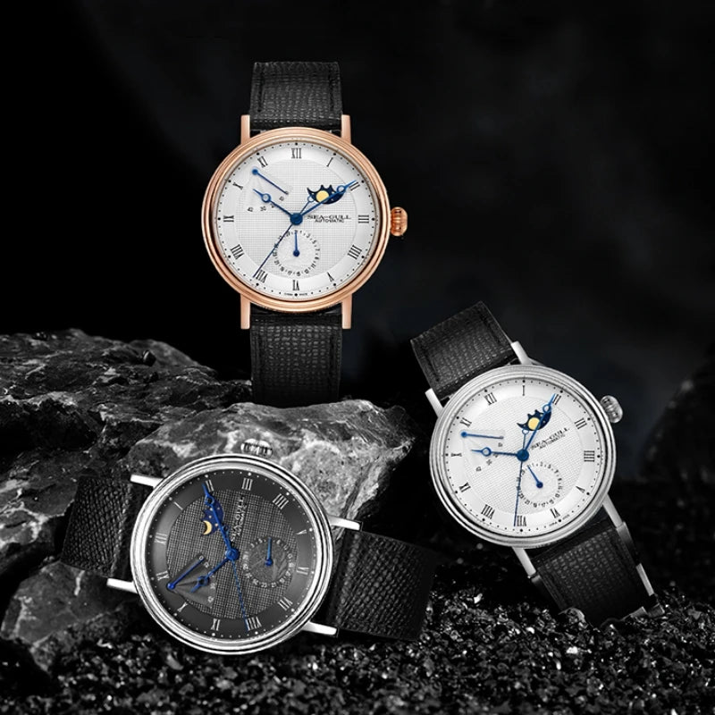 Seagull Men's Business Wristwatch Moon Phase Leather Luxury Automatic Mechanical Men's Watches 50M Waterproof Relogio 6092