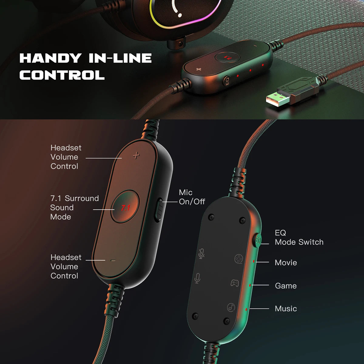 Auscultadores Gaming RGB Dinâmicos Fifine com Microfone Over-Ear, Som Surround 7.1, PC, PS4, PS5, 3 Opções de EQ para Jogo, Filme e Música - H6