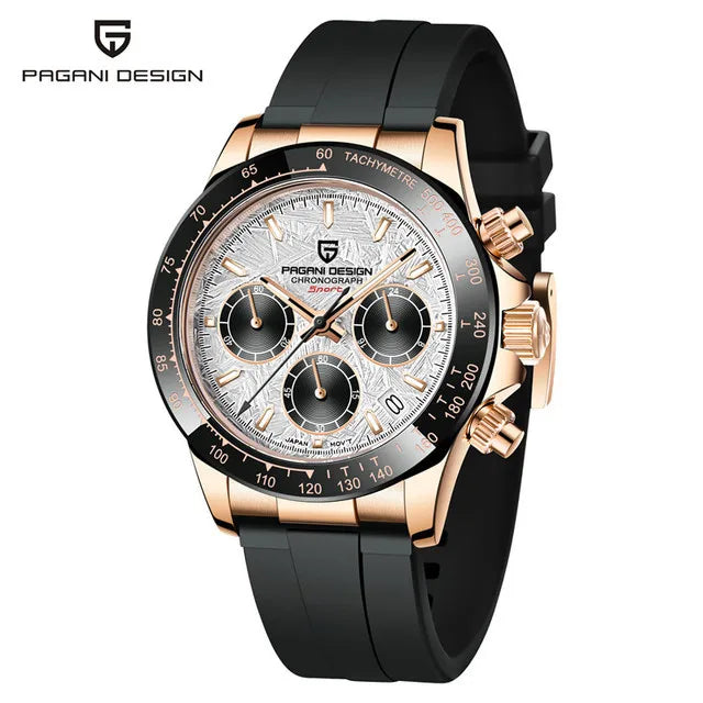 PAGANI DESIGN V2 40MM Herrenuhr mit Meteorit-Zifferblatt, Quarzwerk, Saphirglas, Retro-Chronograph, wasserdichte Uhr für Herren