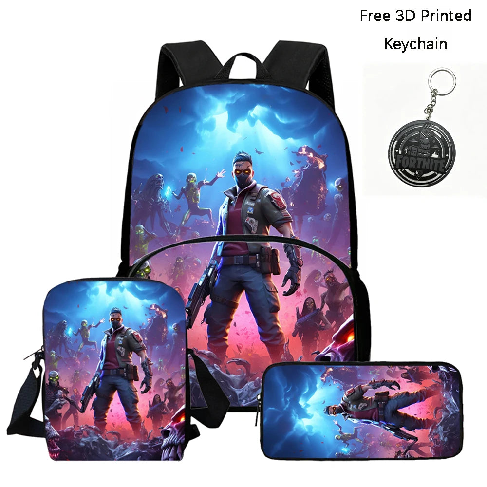 FORTNITE 3-teiliges Schulrucksack-Set, Umhängetasche mit Fronttasche und Federmäppchen, für Jungen und Mädchen von 5–10 Jahren, leicht, mit kostenlosem 3D-bedrucktem Schlüsselanhänger
