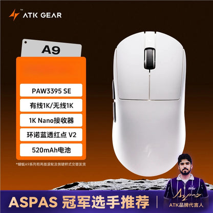 ATK Dragonfly A9 kabellose Bluetooth-Gaming-Maus, ergonomisches Design, schnelle Reaktion, PAW3950 Ultra, 800mAh, leicht, 8KHz, E-Sports