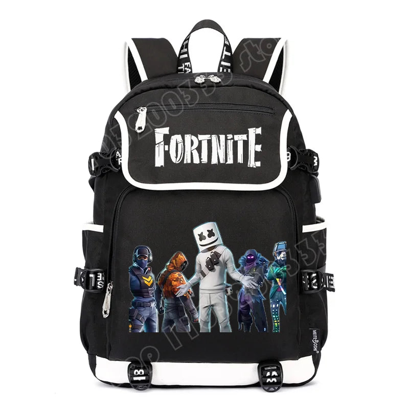 Mochila Fortnite de Grande Capacidade, Saco de Ombro Casual com Porta USB, Unissexo, Estilo Anime, para Estudantes, Nova Mala Escolar Elegante, Presente de Papelaria