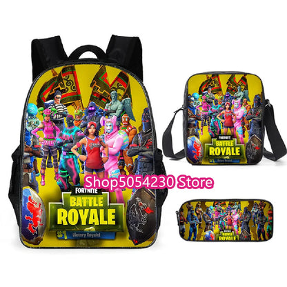 Conjunto de Mochila Fortnited 3PCS para Adolescentes e Estudantes, Saco de Viagem Fortress Night, Mochila Escolar 3D de Jogos Populares