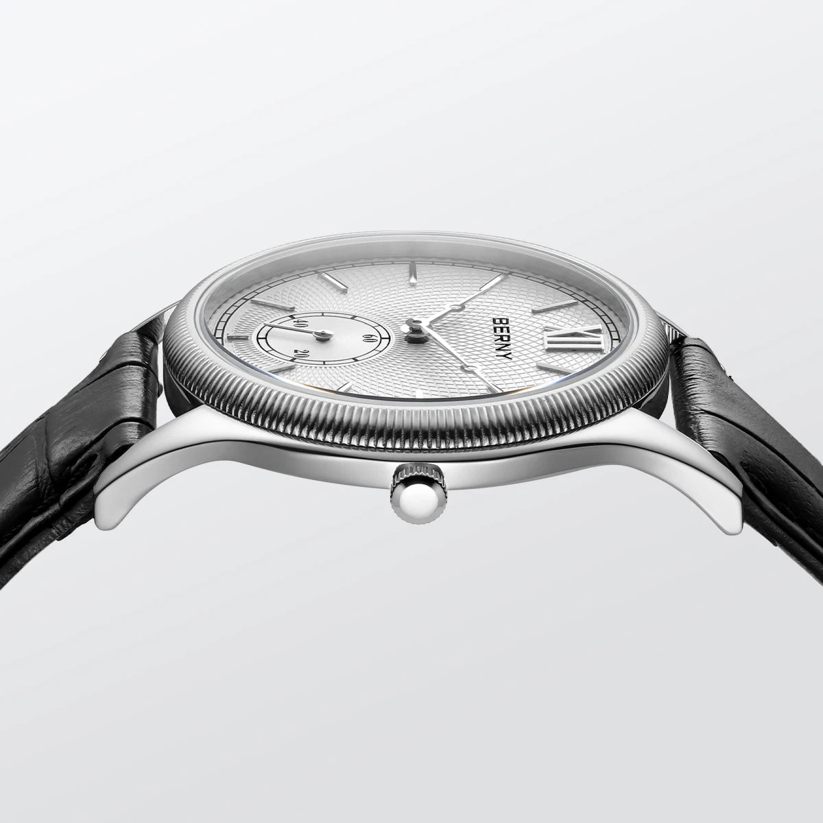 BERNY Men's Watches Luxury Classic Stylish Dress Quartz Watch Slim Stainless Steel Case Elegance Leather Strap Wristwatch