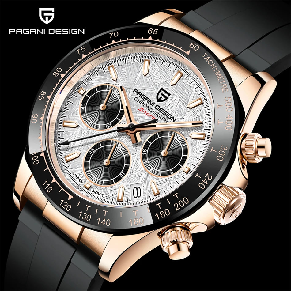 PAGANI DESIGN V2 40MM Herrenuhr mit Meteorit-Zifferblatt, Quarzwerk, Saphirglas, Retro-Chronograph, wasserdichte Uhr für Herren
