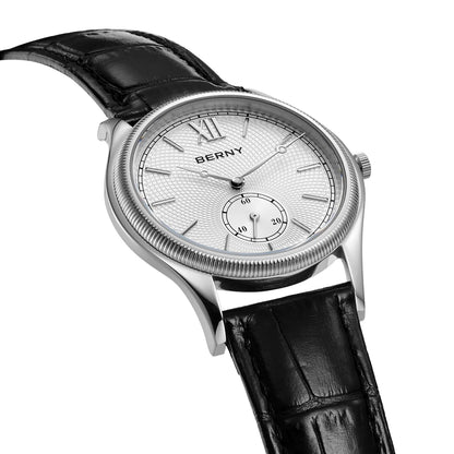 BERNY Men's Watches Luxury Classic Stylish Dress Quartz Watch Slim Stainless Steel Case Elegance Leather Strap Wristwatch