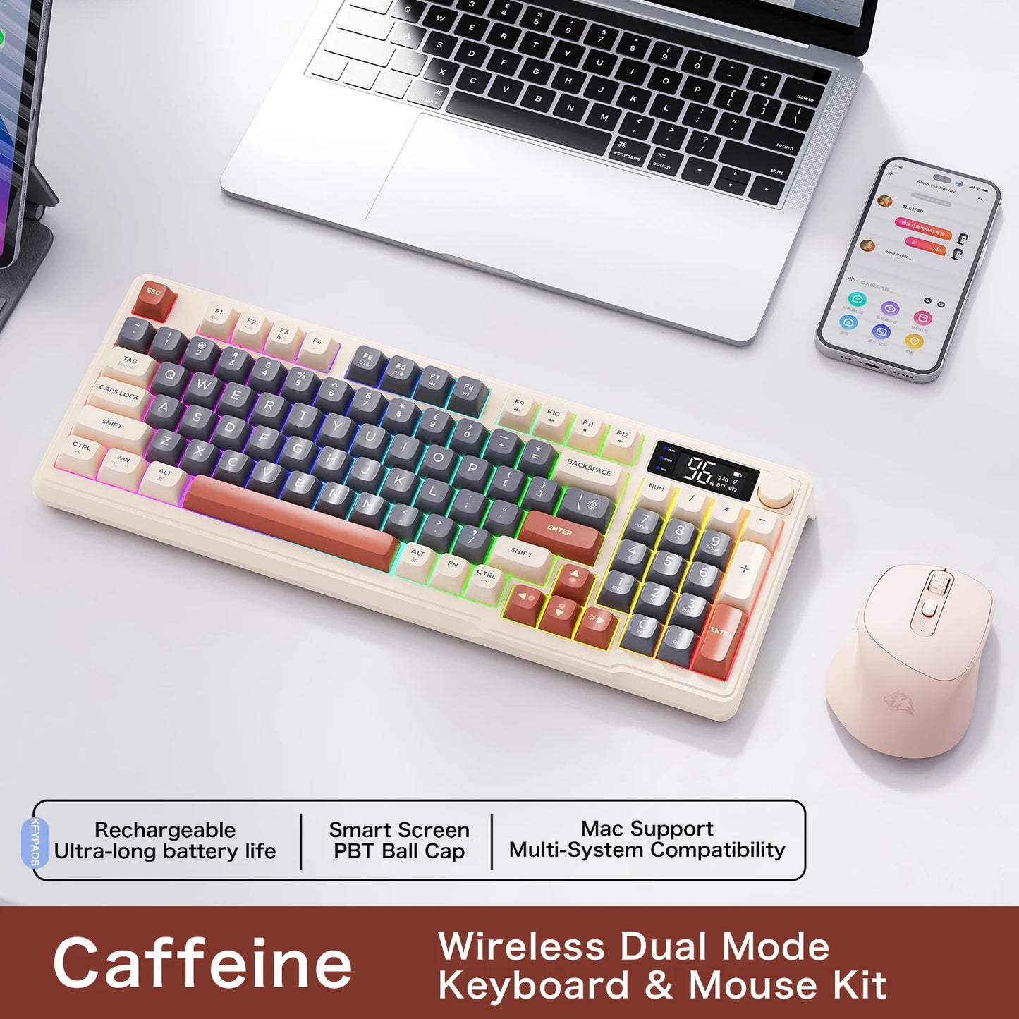FreeWolf M96 Wireless Keyboard with Screen, Gaming Keyboard Bluetooth Dual-Mode Connection, Multi-Device Linking, Ergonomic