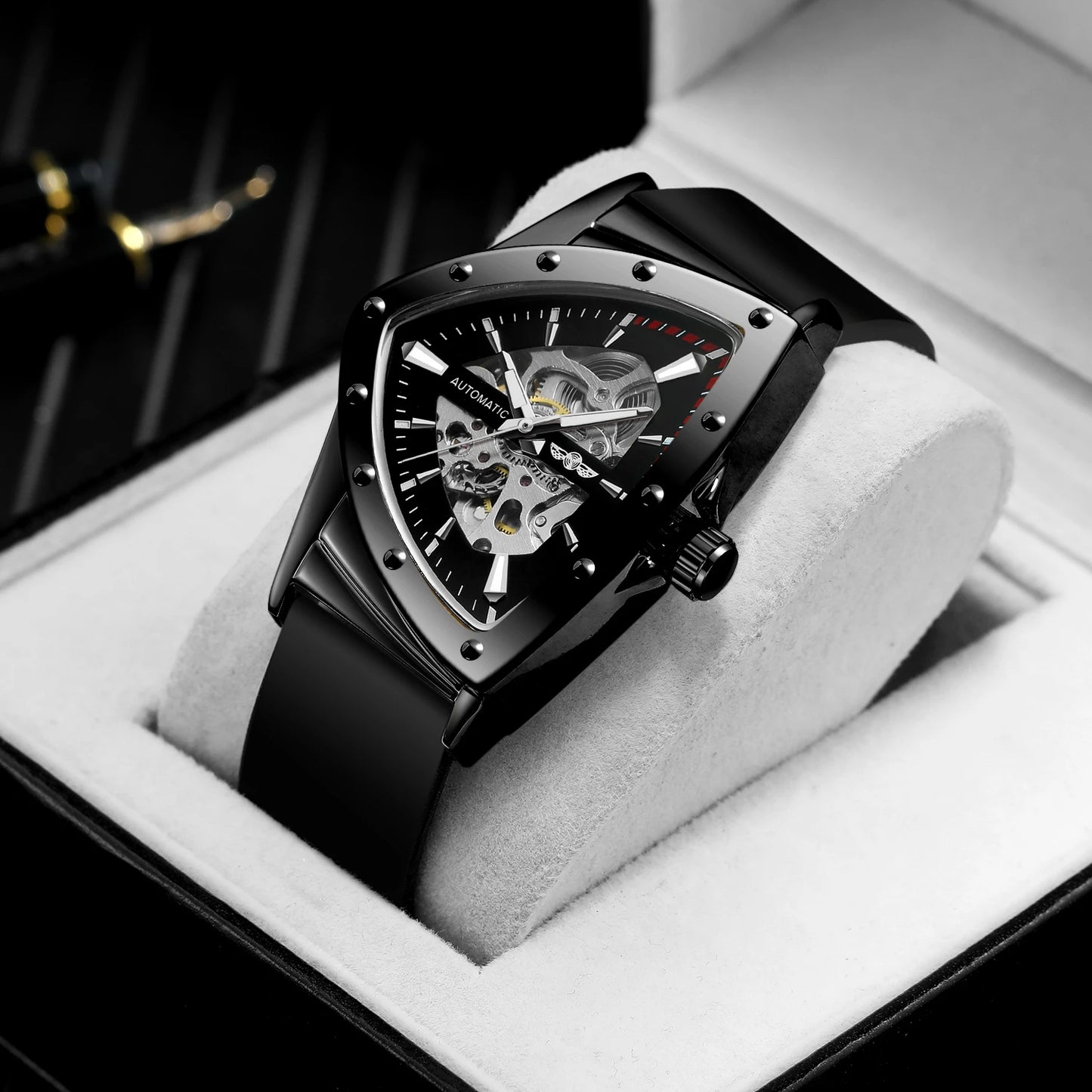 WINNER High Quality Watch for Men Triangle Steel Skeleton Mechanical Automatic Movement Clockwork Waterproof Rubber strap Wrist