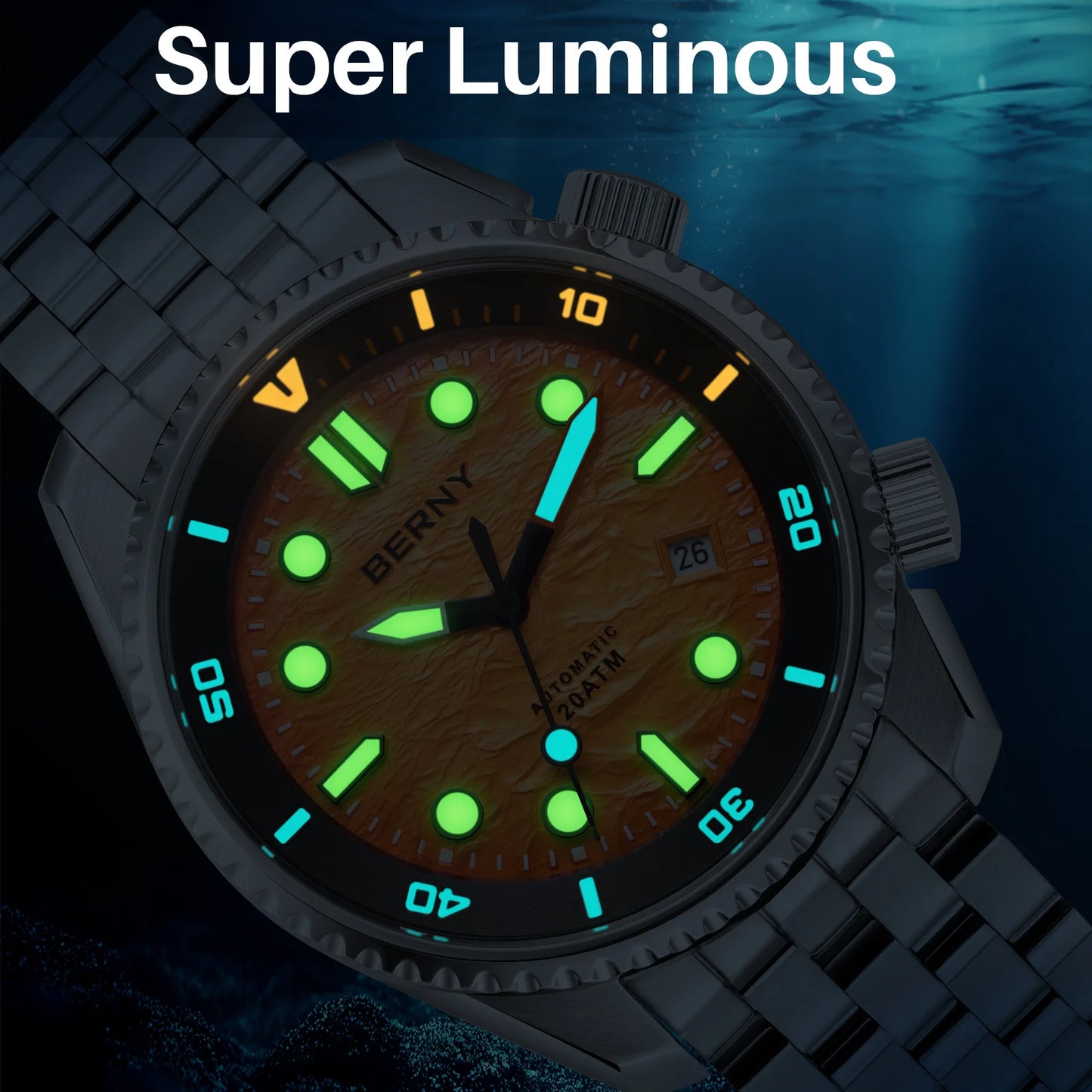 BERNY Diver Automatic Watches Men's Luxury Sapphire 316L Stainless Steel Mechanical Watch 42MM 200M Waterproof Diving Men Watch