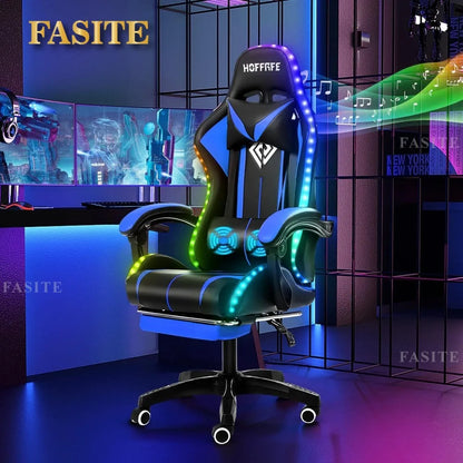 Fashion High Back Video Game Chair with Speakers Massage Computer Gaming Chair with LED Lights and Footrest