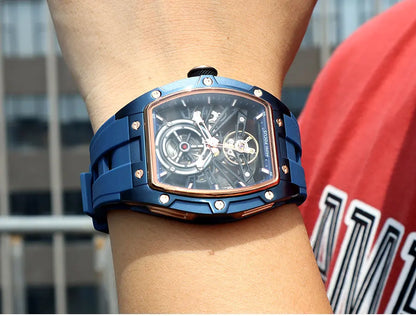 MINI FOCUS Orologio da polso da uomo fashion nero impermeabile, automatico meccanico, con lancette luminose, cinturino in silicone e quadrante tonneau