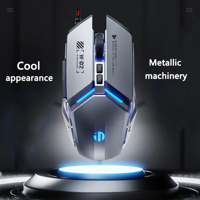 Mouse de gaming cu fir USB Inphic W2 a 2-a generație, clic silențios, stil metalic, 6 taste, programare macro, 8800DPI