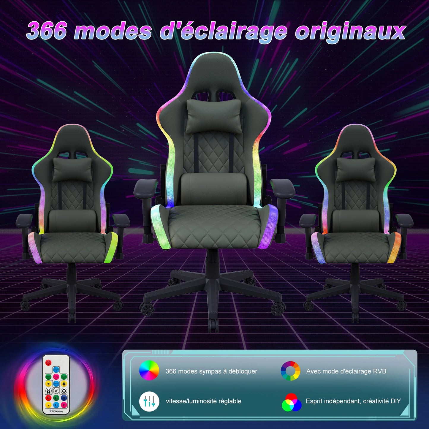 Fangange Gaming Chair with Massage Function, Adjustable backrest, Computer Chair, with ambient light, Lumbar Cushion, Pillow, 150 KG