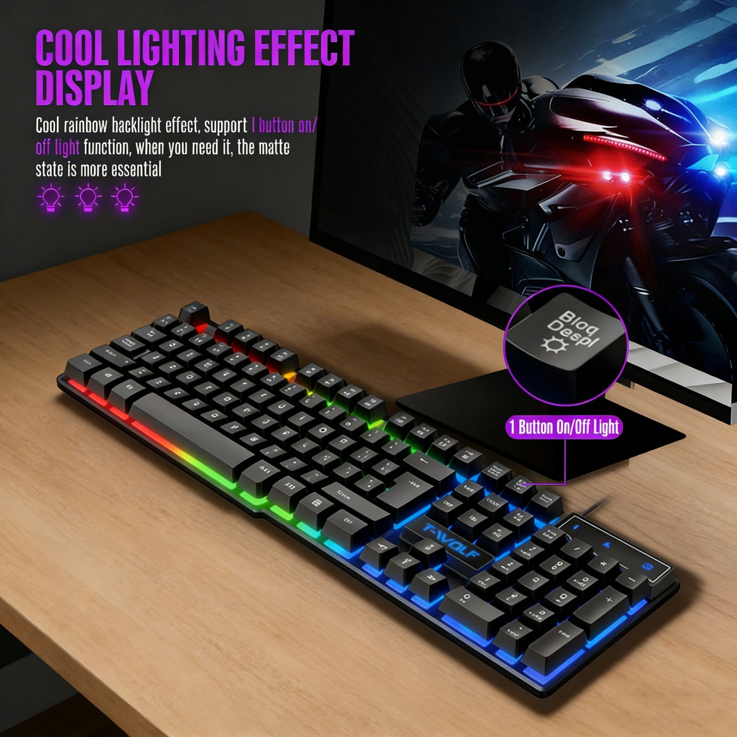 Mechanisches Gaming-Keyboard mit heller RGB-Hintergrundbeleuchtung, kabelgebundene USB-Tastatur für Büro und Zuhause, Medientasten, Russisch, Spanisch, Arabisch, Englisch